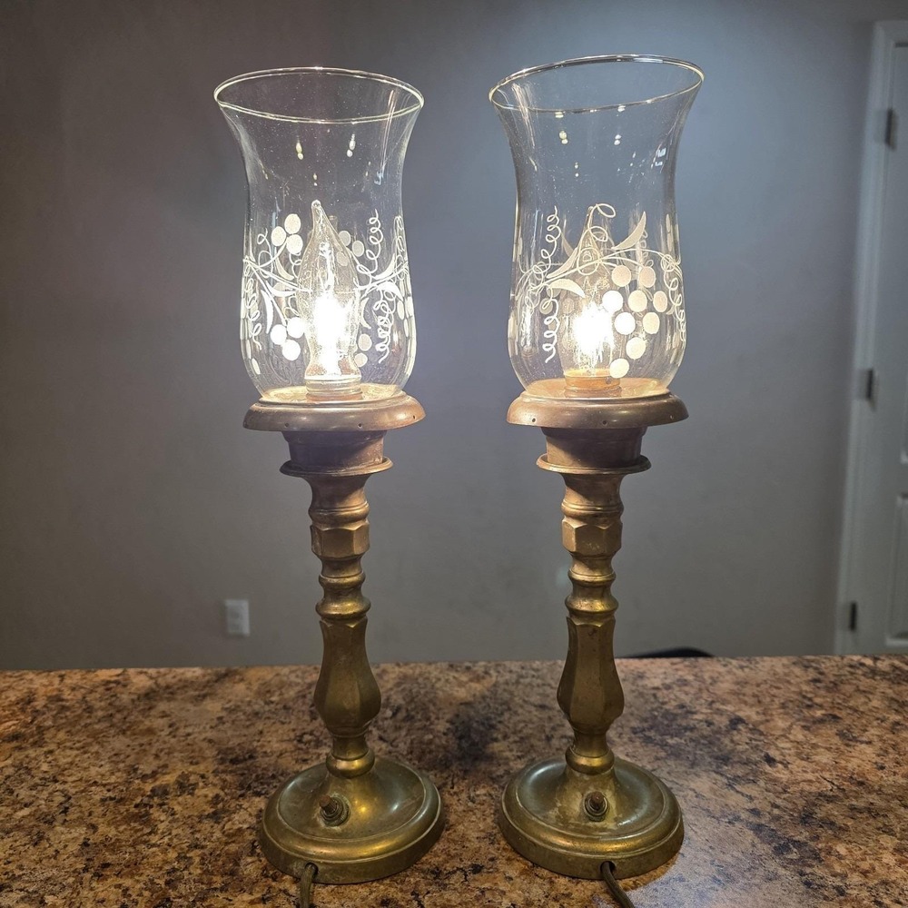 VTG Pair Brass Candlestick Electric Lamps Hurricane Grape Etched Glass Shades
